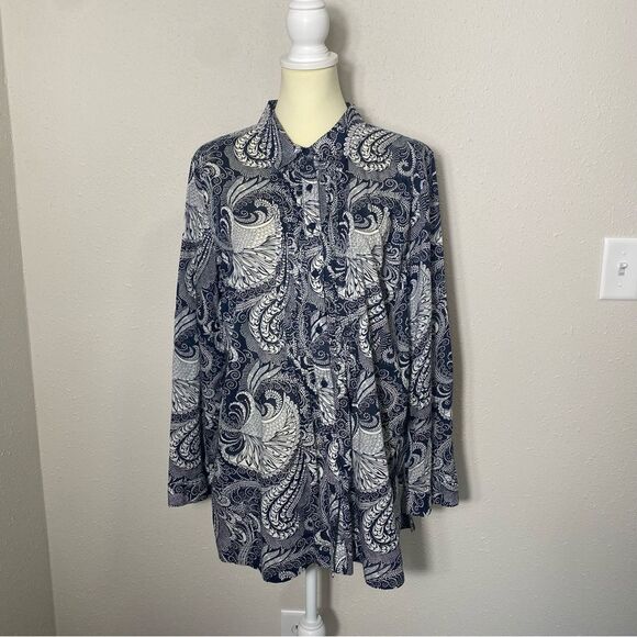 Talbots 100% Cotton Navy Blue Paisley Button Up Tunic Blouse Women's Size XL - Picture 9 of 16